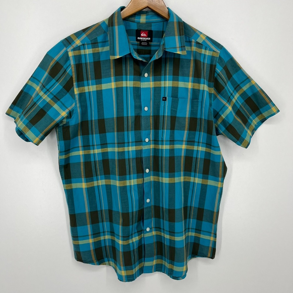 Quiksilver Short‎ Sleeve Button Shirt Men's M Blue Plaid Print Cotton Logo Skate